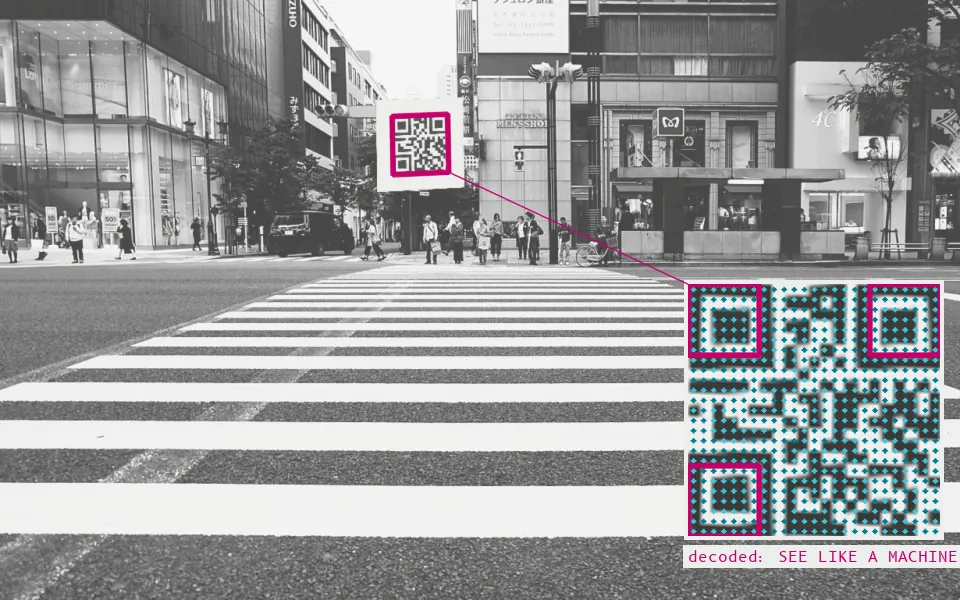 OpenCV's QR reader finds the three square finder patterns, unwarps the 25x25 grid of modules (inset), samples each one as a bit and decodes "SEE LIKE A MACHINE"; the code was generated and composited onto the wall for this figure.