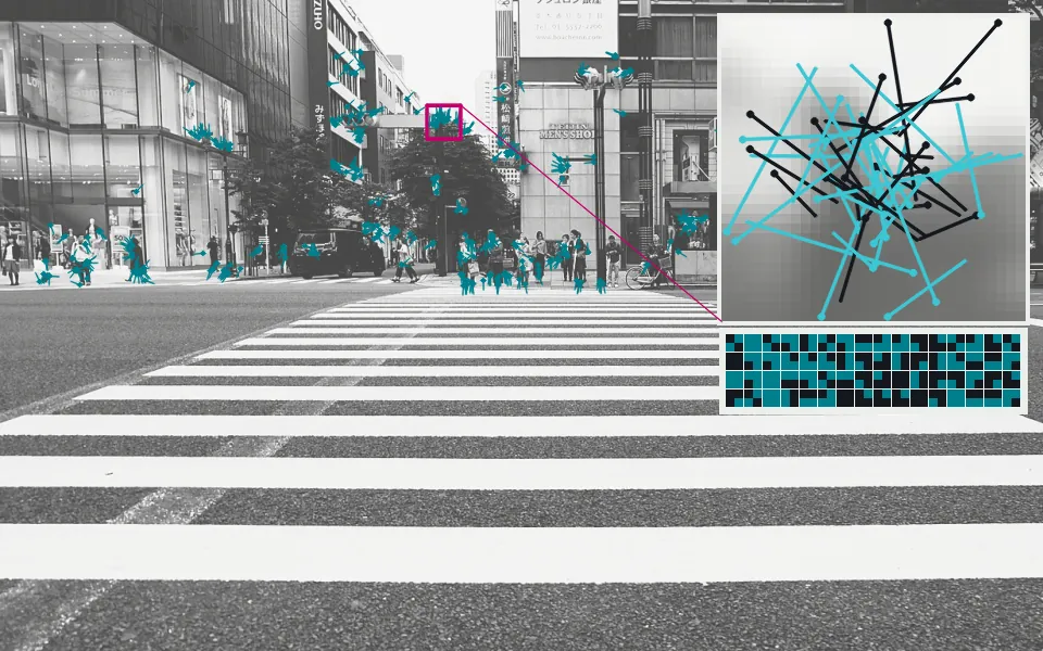 ORB finds 500 oriented keypoints; inset: the BRIEF idea behind binary descriptors, where 256 brightness comparisons inside a patch become 256 bits.