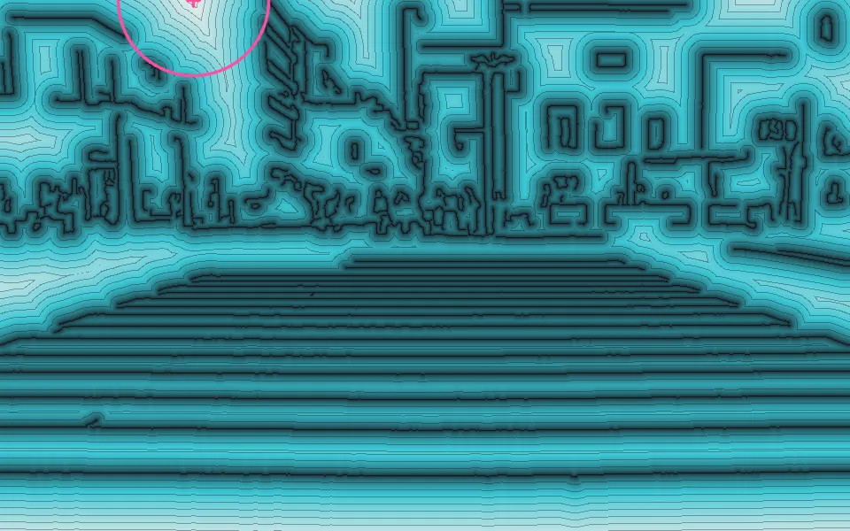 The distance transform gives every pixel its distance to the nearest Canny edge (black), drawn here with a contour every 8 px; the emptiest spot is 85 px from any edge, the circle in the sky.