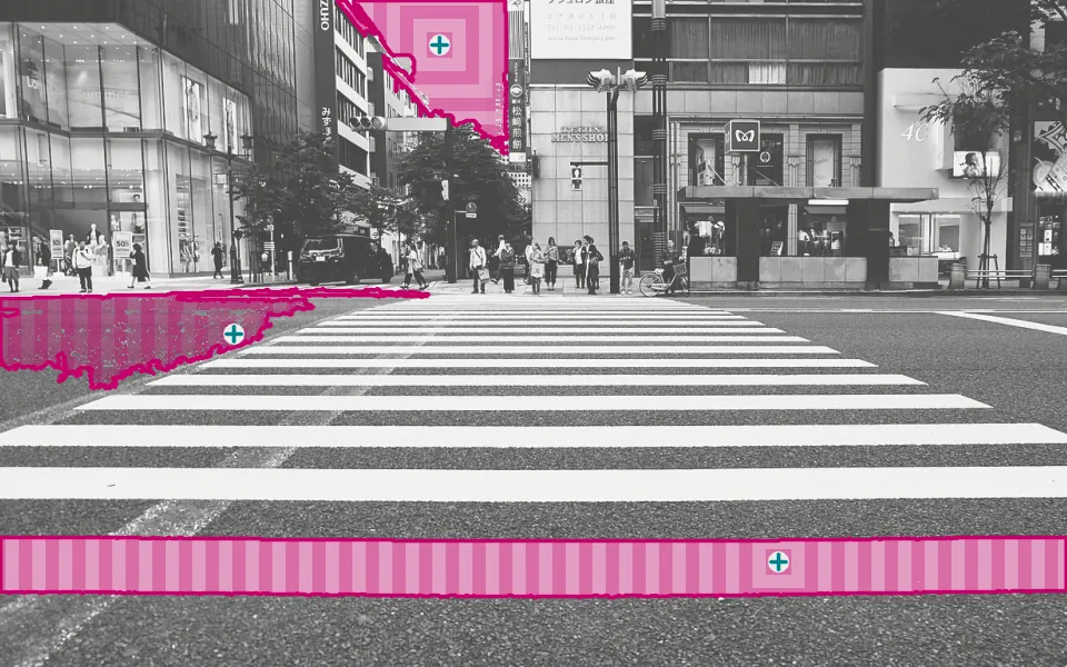 Region growing starts at a seed (cross) and keeps absorbing neighbours whose colour is within a few levels of the pixel they grew from; bands mark every 12 steps of the spread, and the three seeds claim 2.0% (sky), 8.4% (one stripe) and 2.5% (asphalt beside the crossing) of the frame.