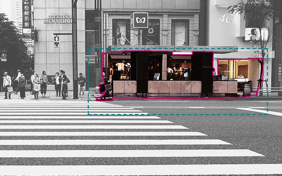 GrabCut is given only a rough box (dashed) around the low pavilion on the far corner, in a detail of the scene; it models the colours inside and outside as two mixtures and repeatedly cuts the pixel graph where they disagree most, keeping 59% of the box as foreground (magenta outline).
