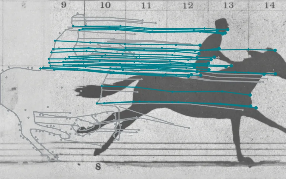 The Kanade–Lucas–Tomasi tracker picks 159 corners on the horse in frame 4 and follows each small patch from exposure to exposure (frame 4's outline in gray); 26 survive to frame 8 (cyan), mostly on the rider and the head, moving a median 167 px per frame, while patches on the legs, whose shape changes between exposures, are lost (gray).