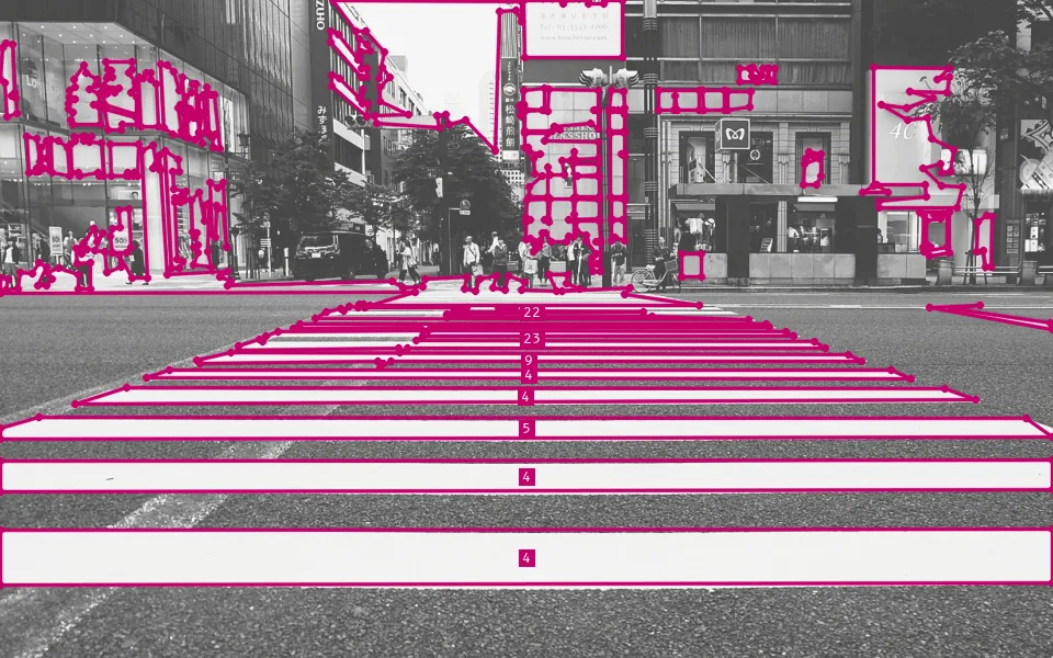 Douglas–Peucker simplification replaces each traced outline with the fewest straight segments that stay close to it: the 5 nearest stripes, 8,978 boundary pixels in all, become polygons of 4–5 vertices (labelled), while the far stripes, which run together with the lane marking, need up to 23.