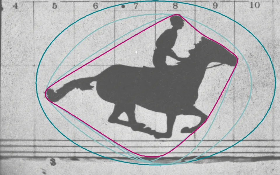 An active contour starts as an ellipse (dashed) and shrinks under its own tension until image edges hold it; snapshots after 100, 300 and 1,000 steps (pale) lead to the outline after 3,000 (magenta), which settles on the rider, nose, hooves and tail but, kept smooth by its stiffness, never reaches into the gaps between the legs.