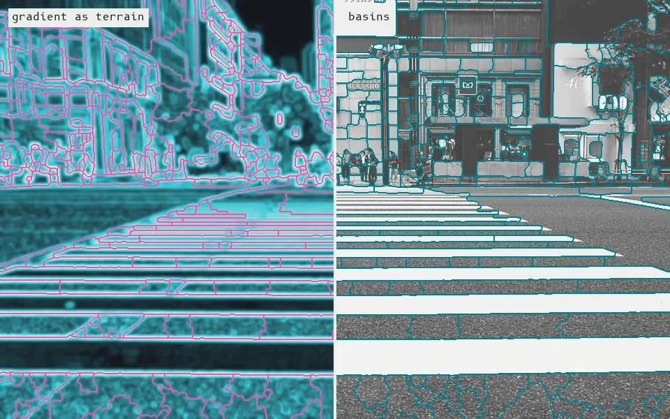 Watershed treats the gradient image as terrain (left, bright = steep) and floods it from its 584 deepest hollows; where two floods meet it builds a dam, and the dams (right) cut the crosswalk into 584 basins.